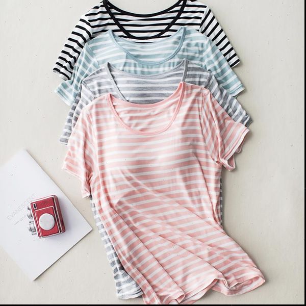 

built in bra sleep shirts women sleepwear loose fit short sleeve striped modal wear summer padded breathable lounge lingerie, Black;red
