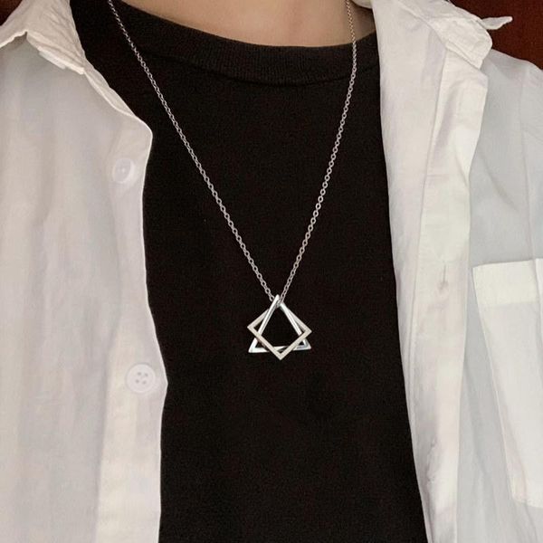 

pendant necklaces simple interlocking square triangle for men women modern trendy geometric stacking streetwear necklace collier femme, Silver