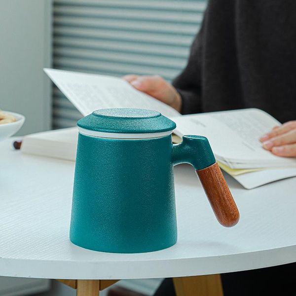 

mugs nordic luxury fashion high-end ceramic wooden handle with lid simple personalized creative high-value textured tea cups