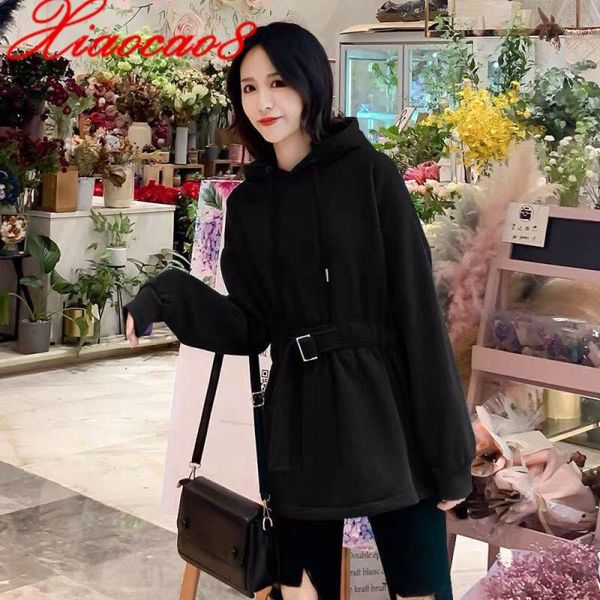 

spring autumn fashion hoodies woman cotton elastic waist full solid long slim hoodie with belt female pullover hoody women's & sweatshi, Black