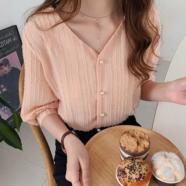 

women's blouses & shirts summer chiffon elegant female casual v collar shirt puff sleeve sweet solid blouse five point office lady ol, White