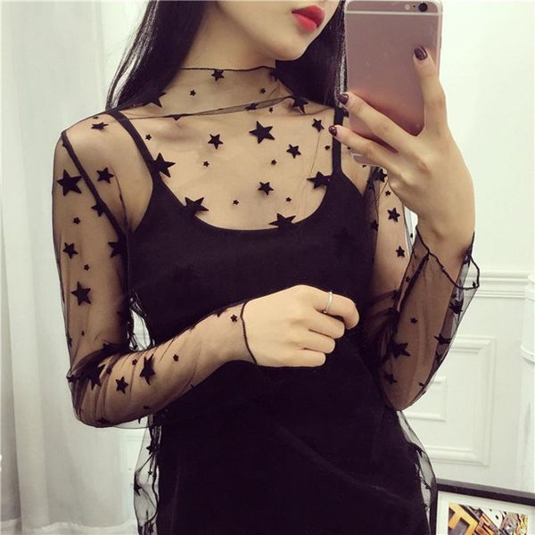 

women's t-shirt black mesh tees for women long sleeve o-neck t shirts 2021 summer thin loose sunscreen teen girls tee camisetas a4, White