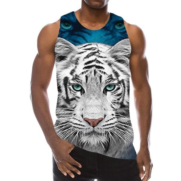 Tecla de tigre branca para homens 3d impressão feroz animal sem mangas padrão besta gráfico Gym Vest