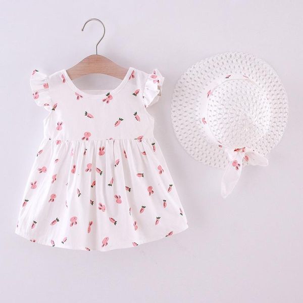 

girl's dresses girl carrot print dress+straw hats caps toddler baby girls wrinkle sleeve 2pcs/set dress +hat summer, Red;yellow