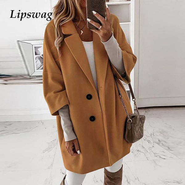 

women's wool & blends winter womens fashion coats woolen solid casual 4/3 sleeve buttoned outerwear elegant turn-down collar jackets fe, Black