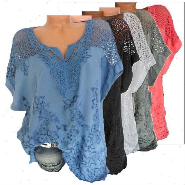 

embroidery summer casual large women blouses size lace cotton v neck bat sleeve plus 6xl, White
