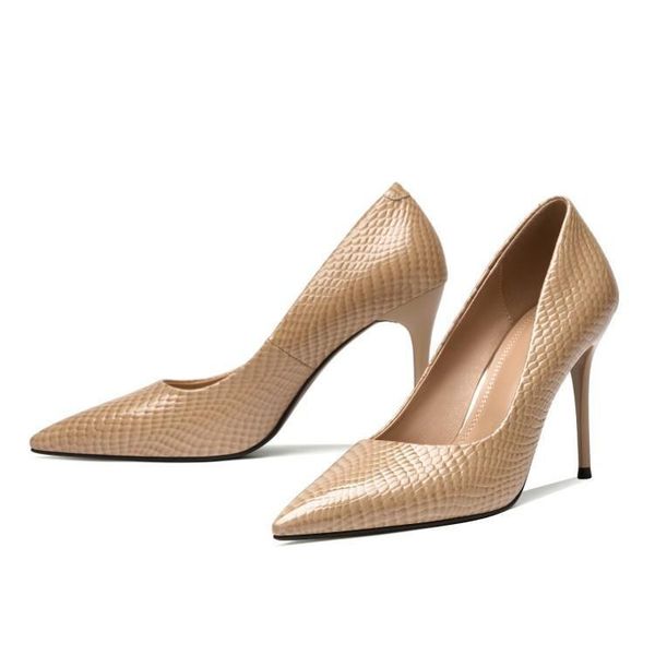 

dress shoes 2021 large women's high heels show thin snake pattern nude fiber shallow mouth single women pumps, Black