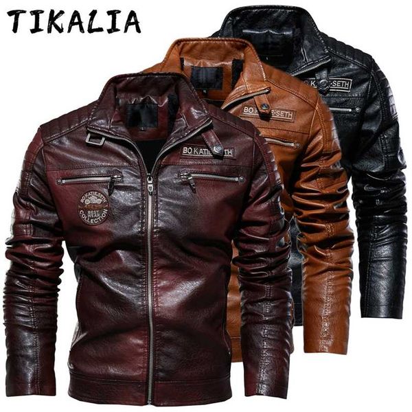 

autumn leather jacket men pu leather motorcycle jacket vintage style coat men biker coat slim fit stand collar zip up fashion 211008, Black
