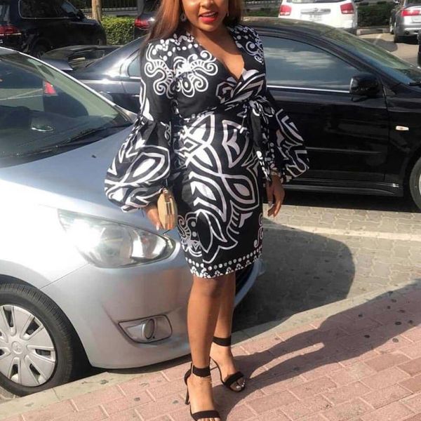 

casual dresses 2021 summer dress for women black printed lantern sleeve v neck mini length elegant evening night club midi, Black;gray