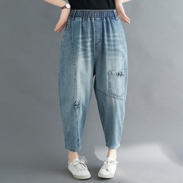 

women's jeans johnature casual denim ankle-length pants for women 2021 summer simple elastic waist haream ripped, Blue