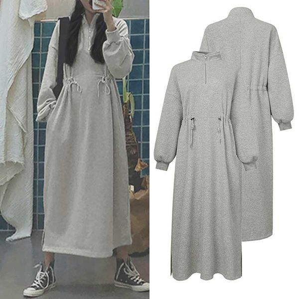 

casual dresses womens fashion pocket sweatshirt dress zanzea zipper long vestido drawstring kaftan female solid robe oversize, Black;gray