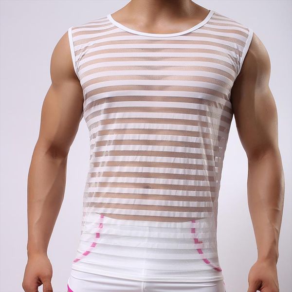 

fashion brand striped men mesh fitness bodybuilding tank gay quick dry muscle singlets summer designer shirt, White;black