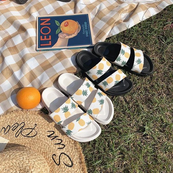 

slippers for women wearing versatile fruit pineapple beach flops shoes, Black