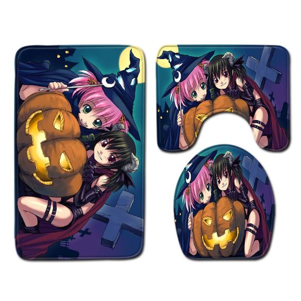 

bath mats halloween pumpkin toilet three-piece set floor mat bathroom threepiece rug decor