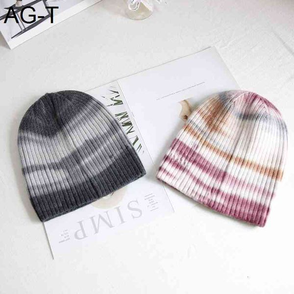 

fast dropshipping autumn and winter new simple fashion rainbow tie-dye warm woolen hat face-lifting knit women, Blue;gray