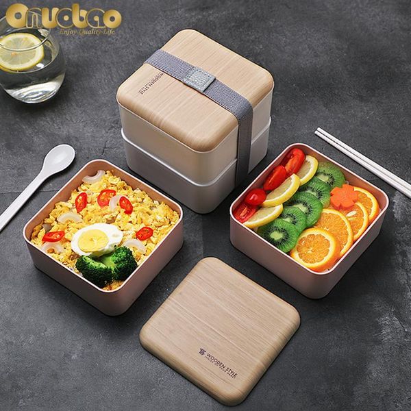 

dinnerware sets [onuobao] double layer 1.4l lunch box for women&men&kids nordic imitation wood style square microwave oven applicable