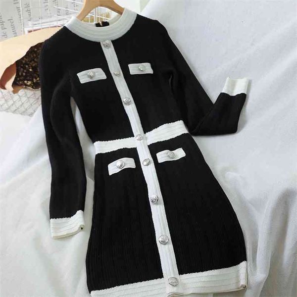 

autumn winter women's dress korean style retro hit color long sleeve knitted slim high waist female es ll534 210506, Black;gray
