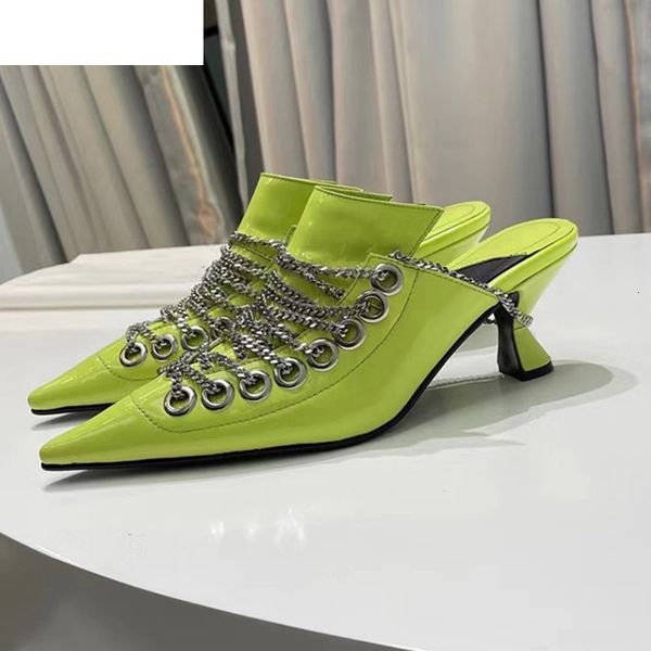 

sandals kitten heel summer shoes women solid color pointed toe slippers metal chain decor trendy sandals stilettos sandalias 2021, Black