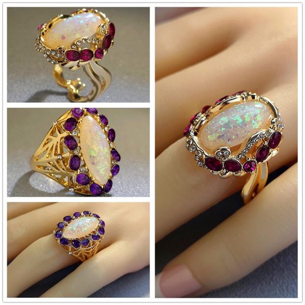 

wedding rings luxury female white oval opal ring vintage gold color engagement charm zircon stone for women, Slivery;golden