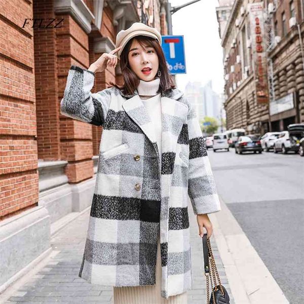 

women autumn winter cashmere trench jacket thickness warm black white plaid coat casual female woolen vintage outerwear 210430