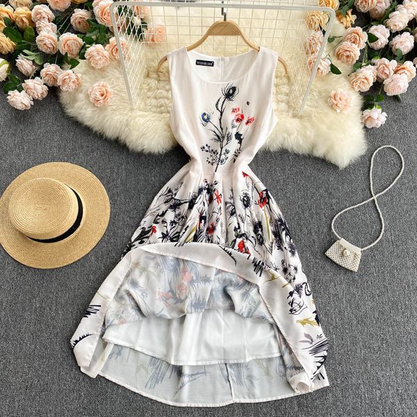 

casual dresses elegant printed women's summer new goddess fan temperament round neck slim short sleeveless vest qy9b, Black;gray