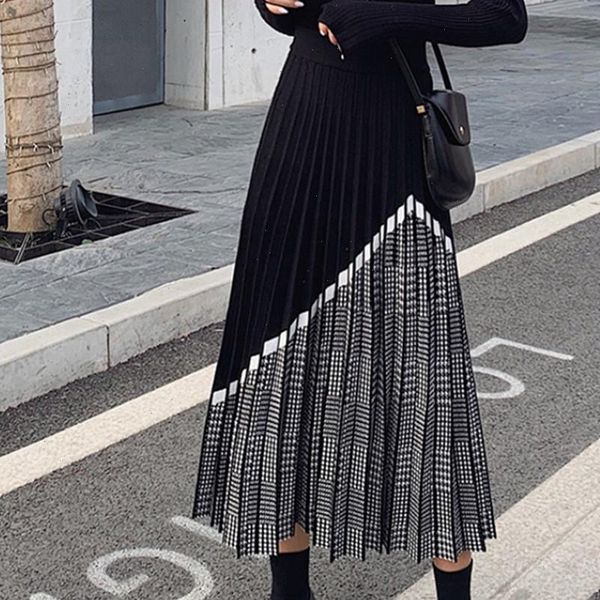 

women skirts winter womens fashion houndstooth midi skirt female elastic waist pleated knitted thick black warm faldas