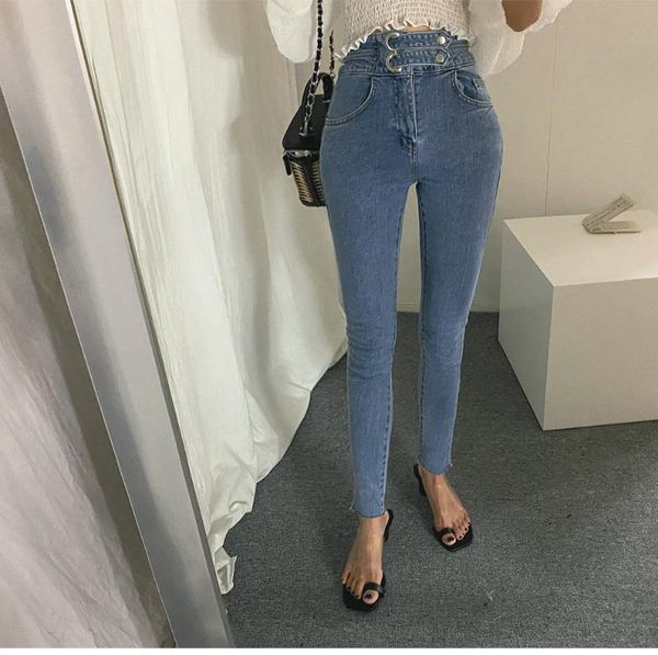 

women's jeans bornladies vintag double-breasted women denim high waist stretch pants capris female streetwear drawstring autumn, Blue