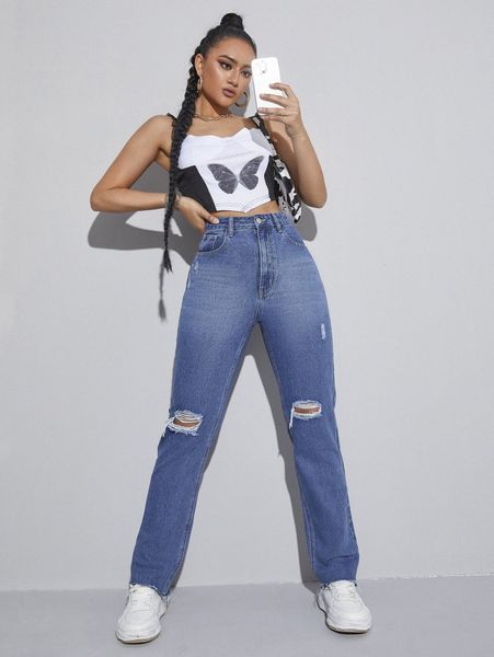 

high waist ripped straight leg jeans p6ui#, Blue