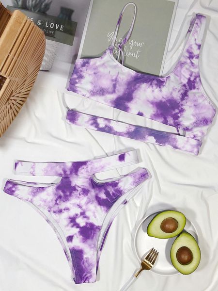 

ladys hollow cut out bikini set in purple tie dye prints and bla red