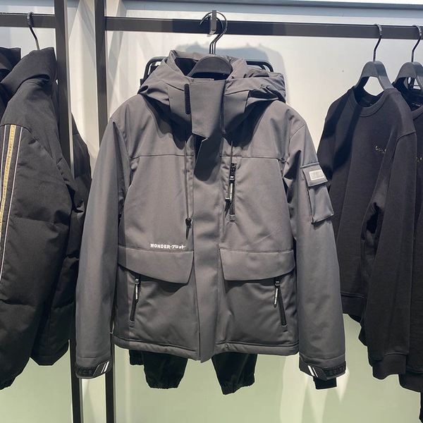 

european and american new winter men's laminated outdoor down jacket, multi-pocket hooded thick coat, Black