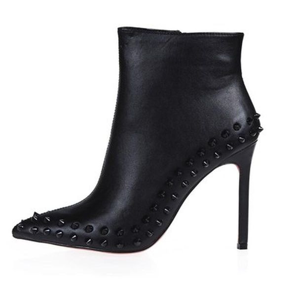 

dress shoes genuine leather women ankle boots rivet pointy heads high heels women's fashion style luxury, Black