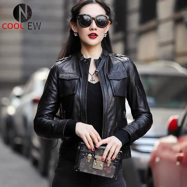 

women's leather & faux genuine jacket women 2021 spring short style motocycle real natural sheepskin coat slim female overcoat, Black