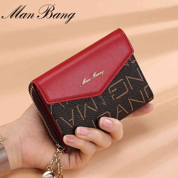 

manbang wallet women's short 2021 korean large capacity zero fashion multi-function card bag mini, Red;black