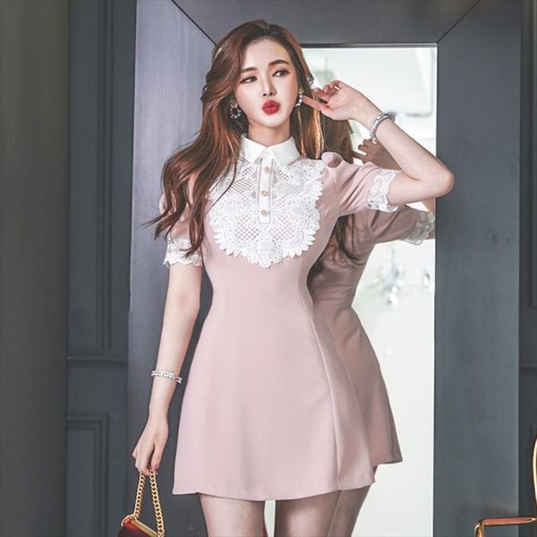 

sweet pink summer dress womens tank short puff sleeve lace patchwork turn down collar mini a line high waist korean, White
