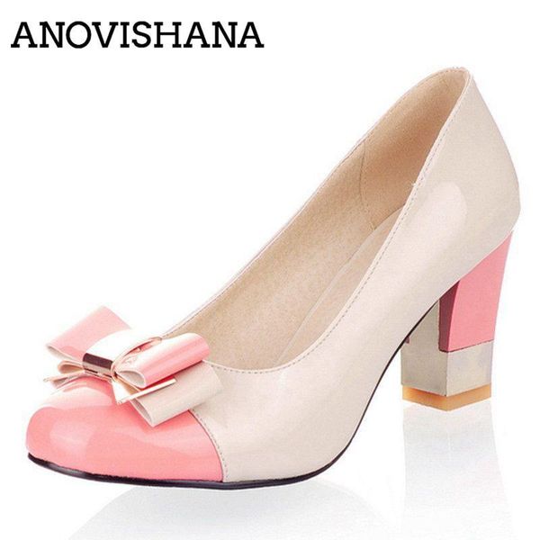 

dress shoes anovishana plus size 34-43 candy color women pumps shallow thick high heels bowtie pink work wedding stiletto rl3469, Black