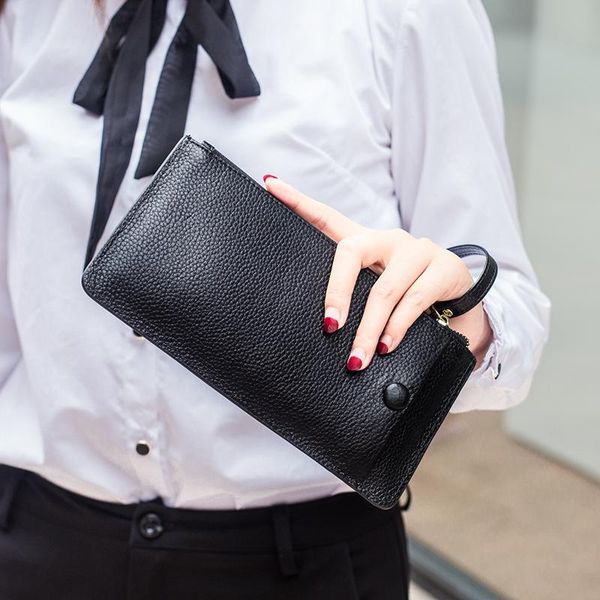 

wallets genuine leather women fashion lady wristlet handbags long money bag coin purse cards holder clutch women's wallet, Red;black