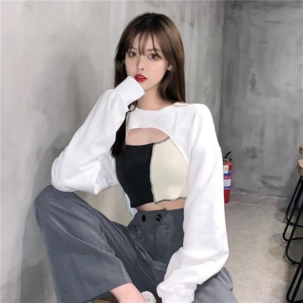 

women's t-shirt short long-sleeved sweater + stitching contrast camisole, White