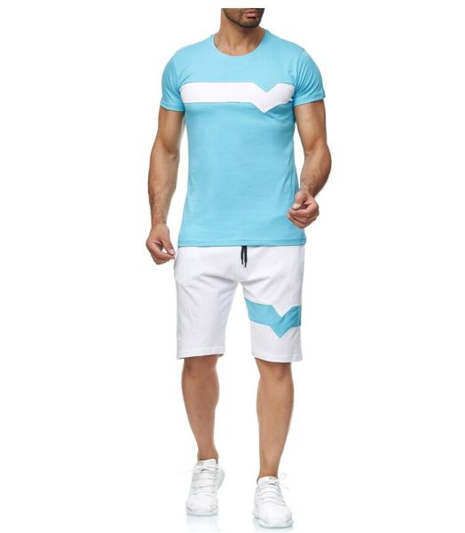 

men's tracksuits summer sports short sleeve collarless round neck t-shirt shorts cotton color matching casual running cycling tennis sl, Gray