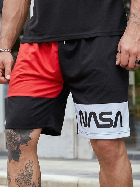 

men color block letter graphic drawstring waist shorts l3xu#, Black