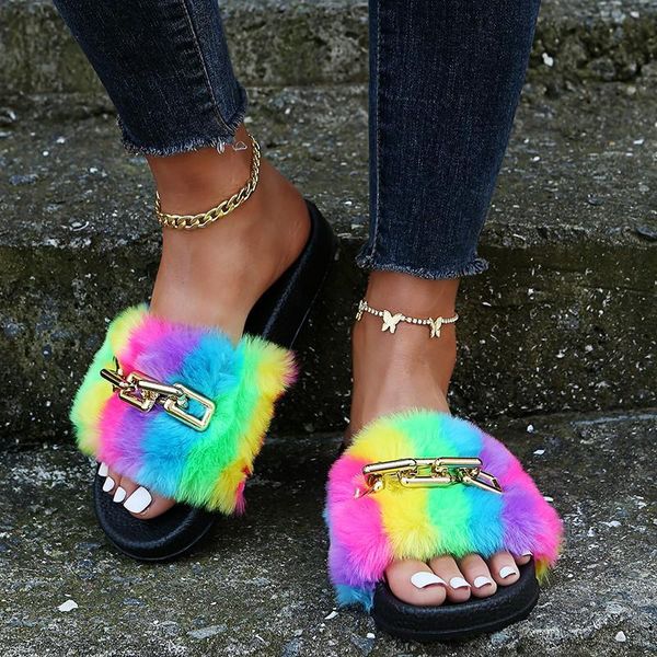 

slippers 2021 women summer casual fluffy with fur flat non-slip furry slides large size shoes sandals plus, Black