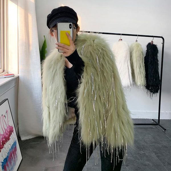 

women's fur & faux rosevans lady temperament real coat tassel crystal 2021 style autumn and winter raccoon short, Black