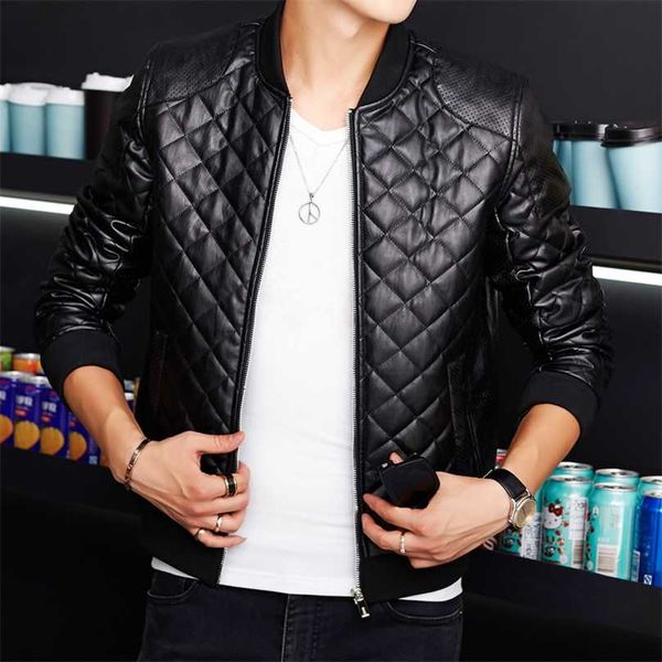 

leather jacket men biker autumn and winter casual fashion quilted embroidered plaid baseball collar washed pu leather jacket 211222, Black