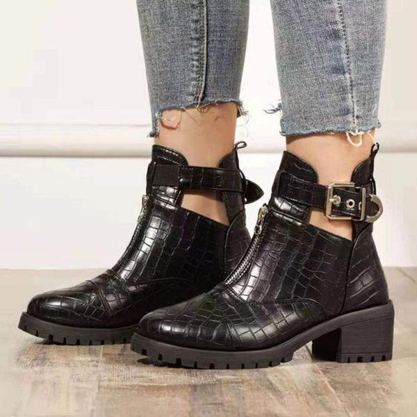 

boots 2021 ankle shoes women fashion casual vintage leather short hasp square root low heels ladies winter, Black