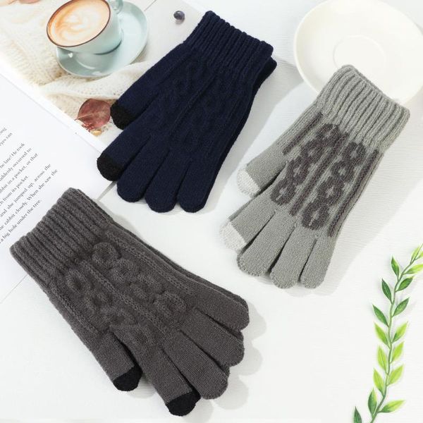 

five fingers gloves fashion men women soft plus velvet thick warm knitted arm warmers touch screen mittens, Blue;gray