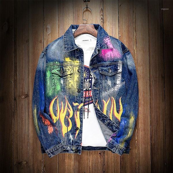 

denim racer jacket 2021 mens ripped korean punk winter hip hop printed patchwork hole jean men jackets japanese coat men's, Black;brown