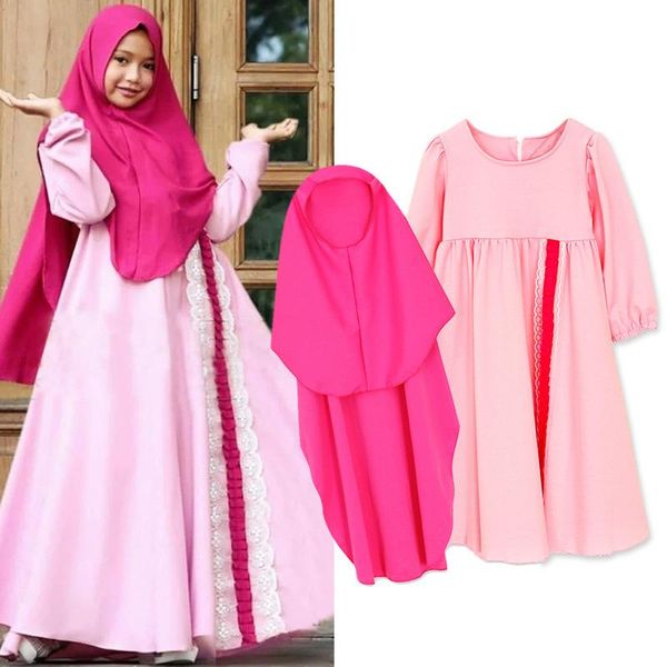 

ethnic clothing ramadan muslim girl's hijabs prayer clothes suit solid color turban pink long dress robe islamic abaya jilbab maxi loos, Red