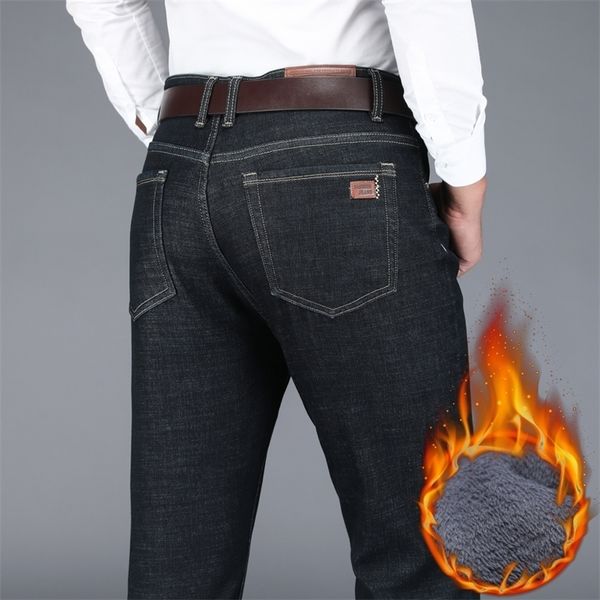 

winter men's warm jeans business fashion classic style black blue denim straight fleece thick pants male brand trousers 220312