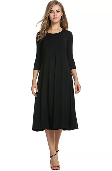 

women casual bohemian dresses three quarter sleeve a-line and flare midi long dress autumn, Black;gray