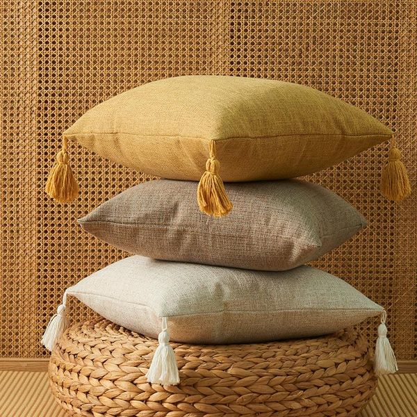 

cushion/decorative pillow solid plain linen cotton cover with tassels yellow beige home decor cushion 45x45cm case sofa throw
