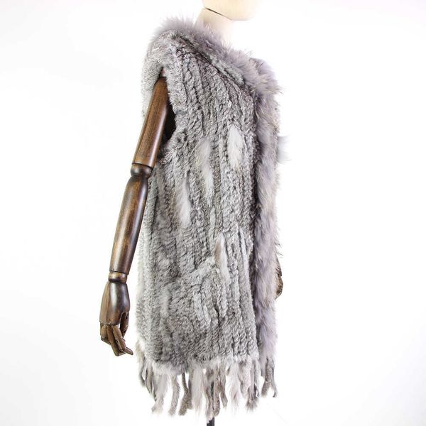 Harppihop Fur New Natural Colete de pele genuína pele de coelho de malha gilet com casaco de casaco longo encapuçado Mulheres inverno V-211-05 Q0827